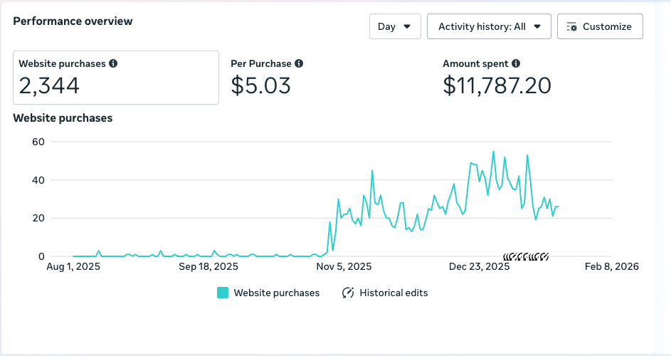 Meta Ads Manager screenshot showing campaign performance